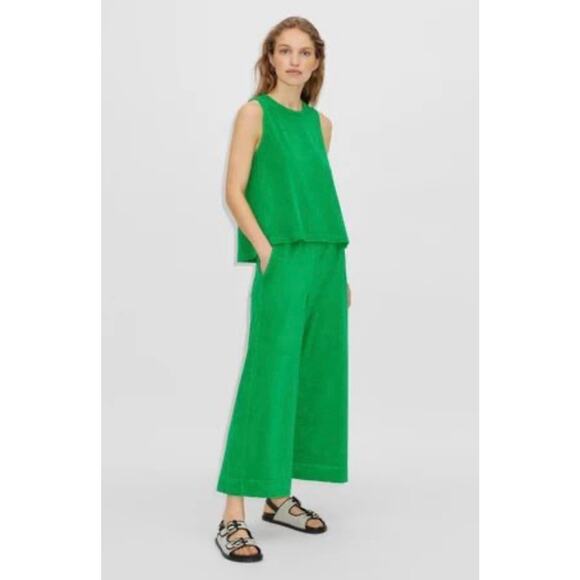 ME+EM 3 Piece Set Toweling Wide Leg Cropped Green Sweatpants Tank Polo 4 Cotton - Picture 1 of 15